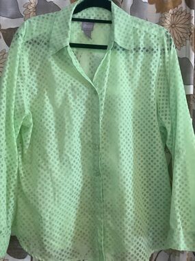 Chico's Green Polka Dot Button-Down Shirt. Sheer dots. Size 3 xl